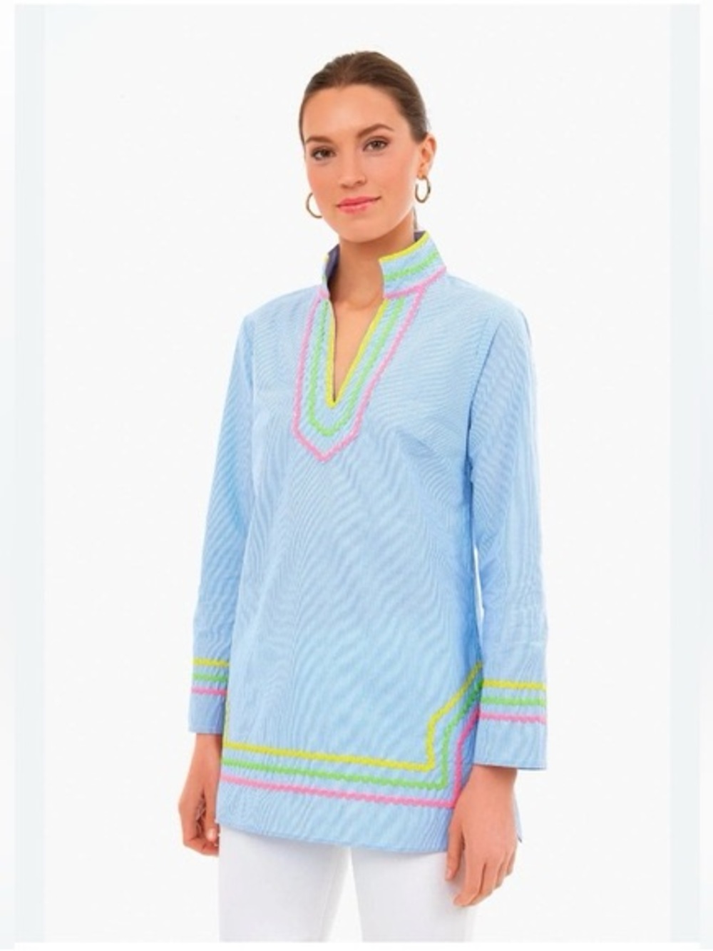 Sail to Sable Classic Tunic Top M Blue Stripe Rainbow Ric Rac Preppy